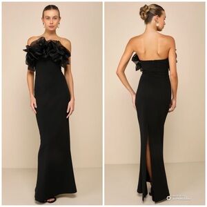 Lulus Small Evening Excellence Black Ruffled Strapless Mermaid Maxi Dress NWT